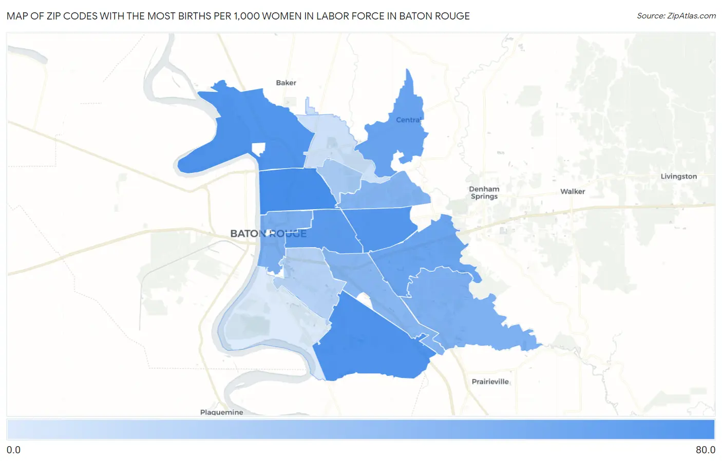 Zip Codes with the Most Births per 1,000 Women in Labor Force in Baton Rouge Map