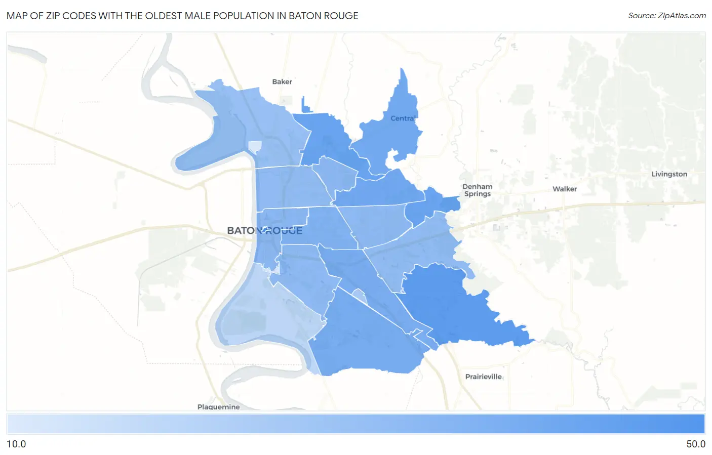 Zip Codes with the Oldest Male Population in Baton Rouge Map