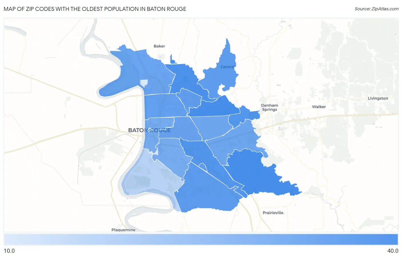 Zip Codes with the Oldest Population in Baton Rouge Map