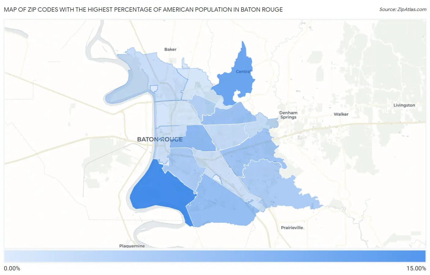 Zip Codes with the Highest Percentage of American Population in Baton Rouge Map
