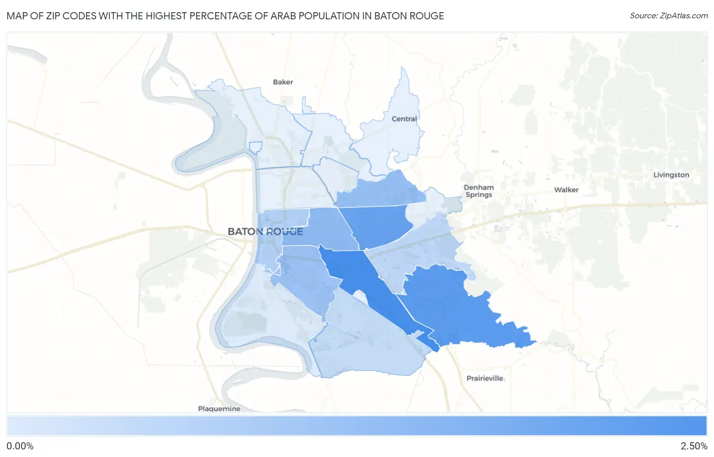 Zip Codes with the Highest Percentage of Arab Population in Baton Rouge Map