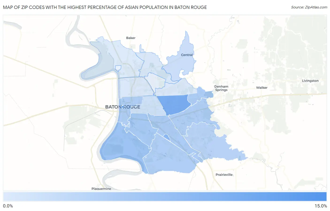 Zip Codes with the Highest Percentage of Asian Population in Baton Rouge Map