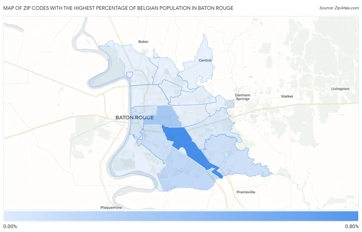 Zip Codes with the Highest Percentage of Belgian Population in Baton Rouge Map