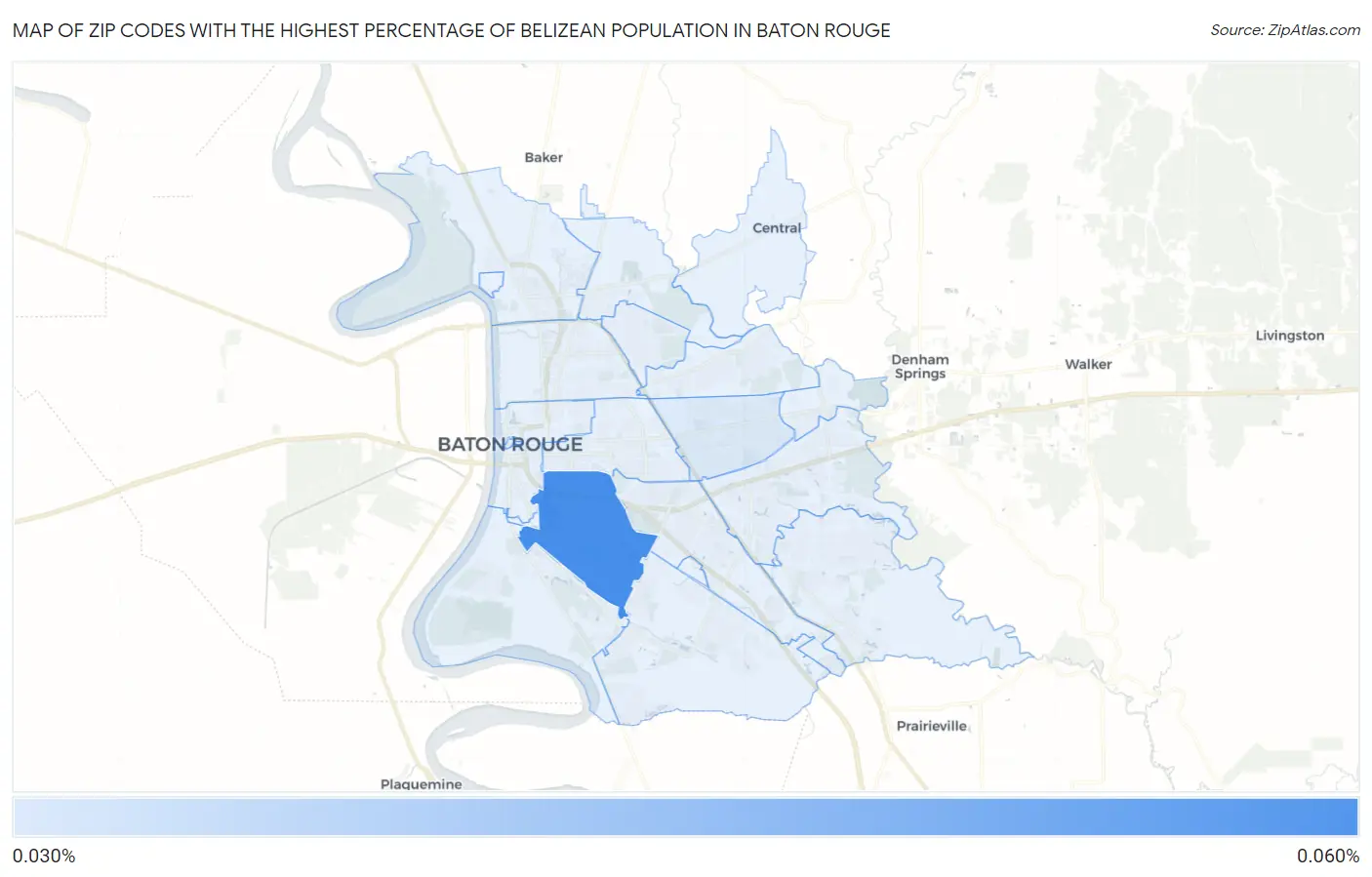 Zip Codes with the Highest Percentage of Belizean Population in Baton Rouge Map