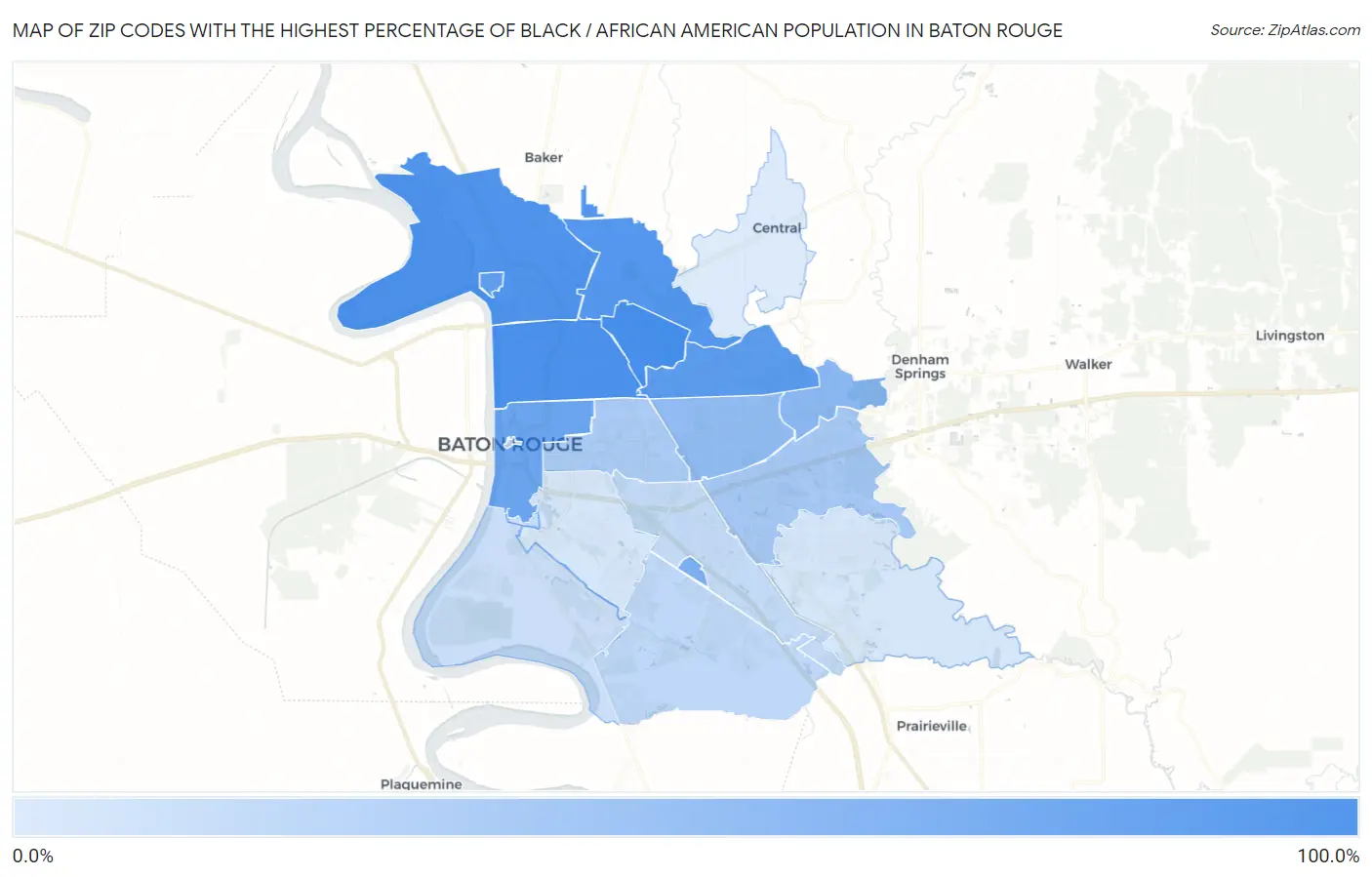 Zip Codes with the Highest Percentage of Black / African American Population in Baton Rouge Map