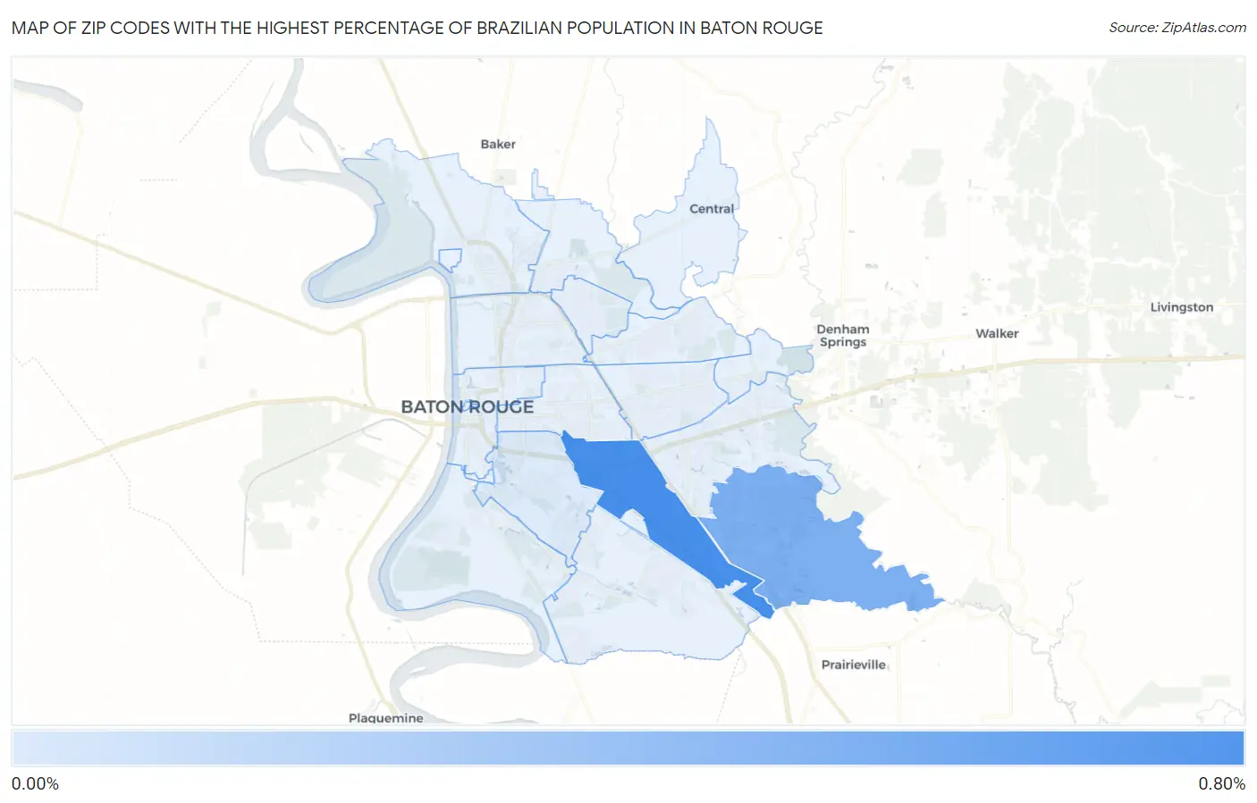 Zip Codes with the Highest Percentage of Brazilian Population in Baton Rouge Map