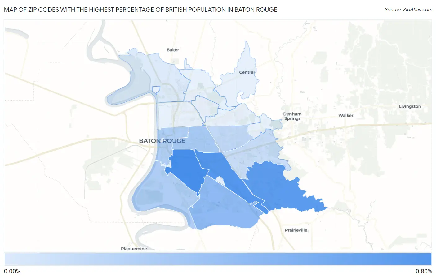 Zip Codes with the Highest Percentage of British Population in Baton Rouge Map