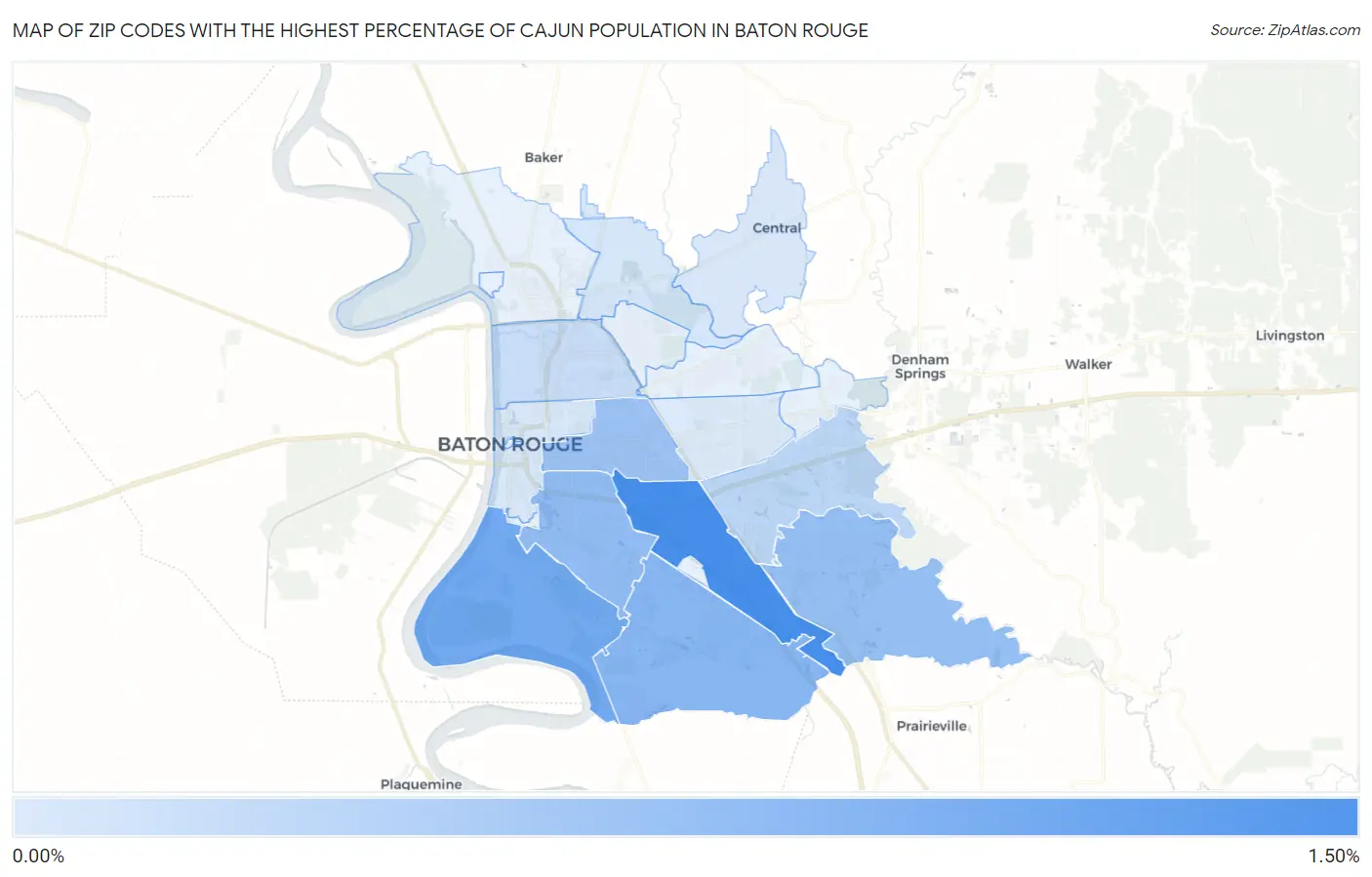Zip Codes with the Highest Percentage of Cajun Population in Baton Rouge Map