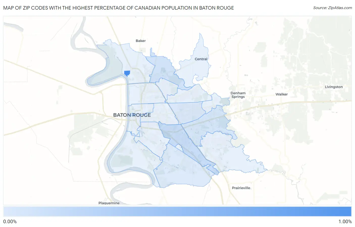 Zip Codes with the Highest Percentage of Canadian Population in Baton Rouge Map