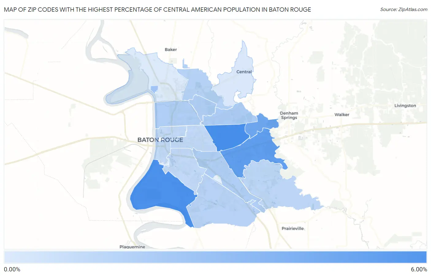 Zip Codes with the Highest Percentage of Central American Population in Baton Rouge Map