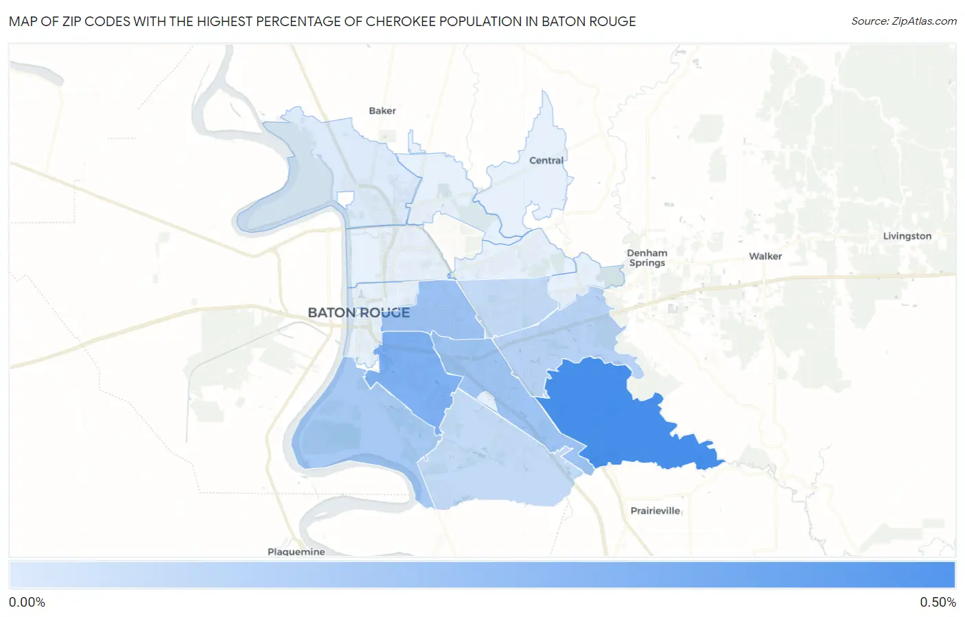 Zip Codes with the Highest Percentage of Cherokee Population in Baton Rouge Map