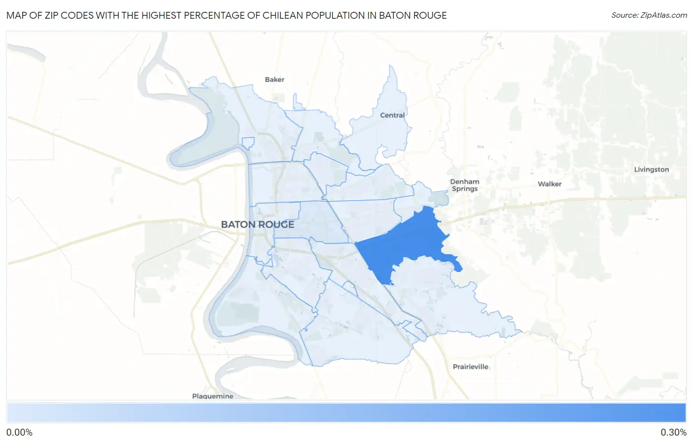 Zip Codes with the Highest Percentage of Chilean Population in Baton Rouge Map