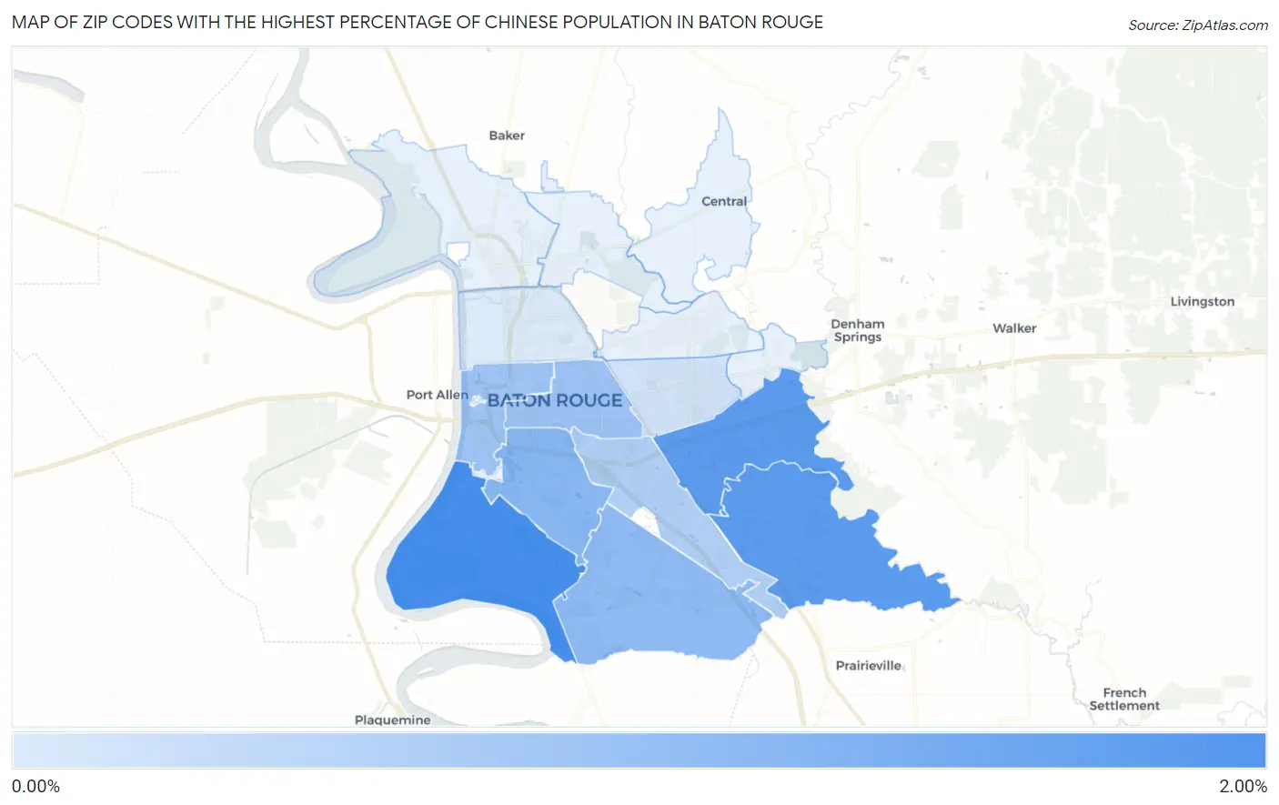 Zip Codes with the Highest Percentage of Chinese Population in Baton Rouge Map