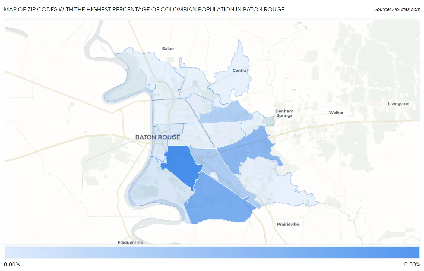 Zip Codes with the Highest Percentage of Colombian Population in Baton Rouge Map