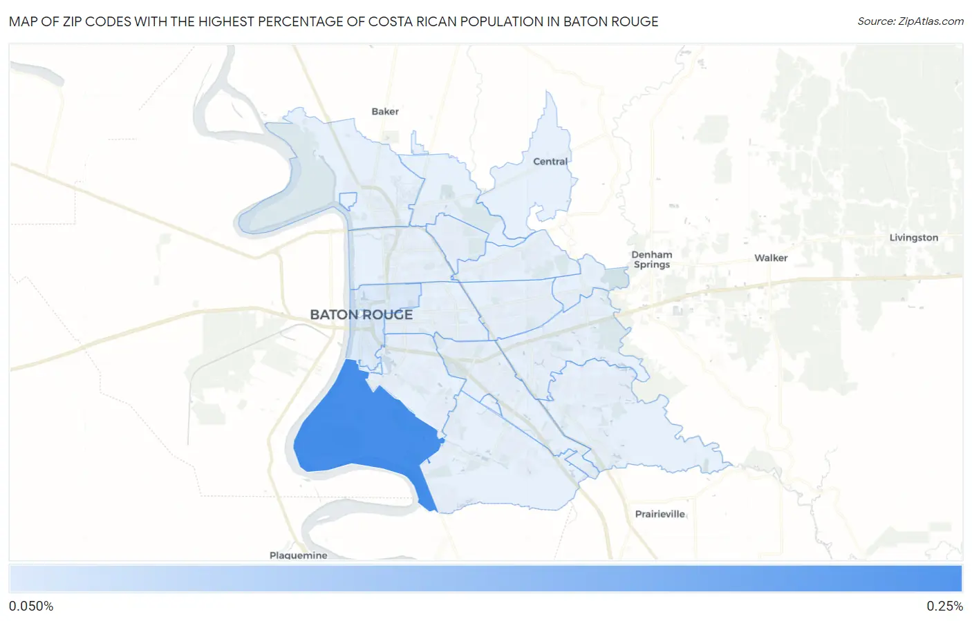 Zip Codes with the Highest Percentage of Costa Rican Population in Baton Rouge Map