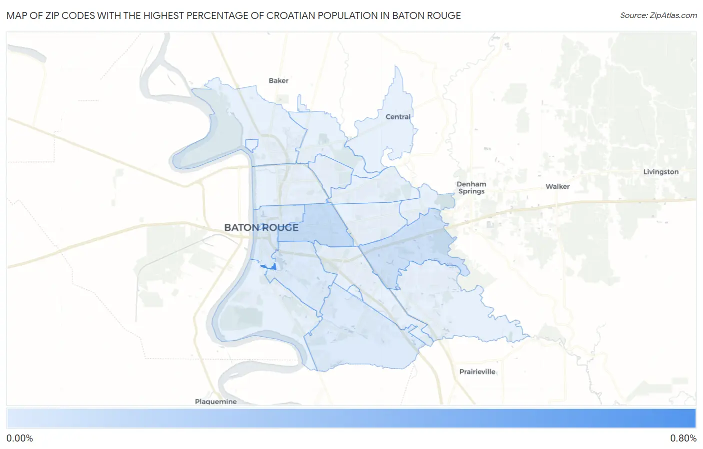 Zip Codes with the Highest Percentage of Croatian Population in Baton Rouge Map