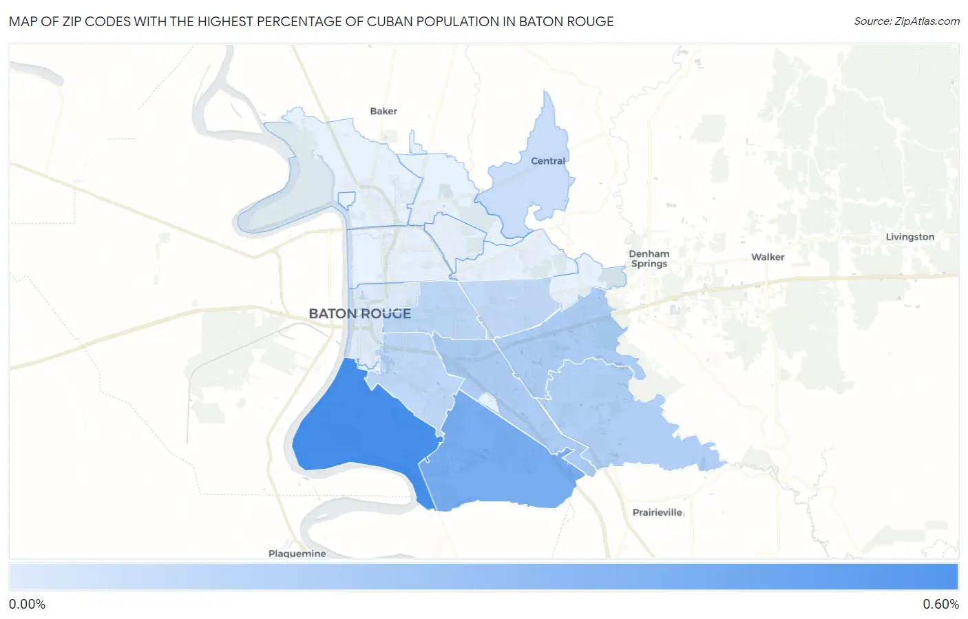 Zip Codes with the Highest Percentage of Cuban Population in Baton Rouge Map