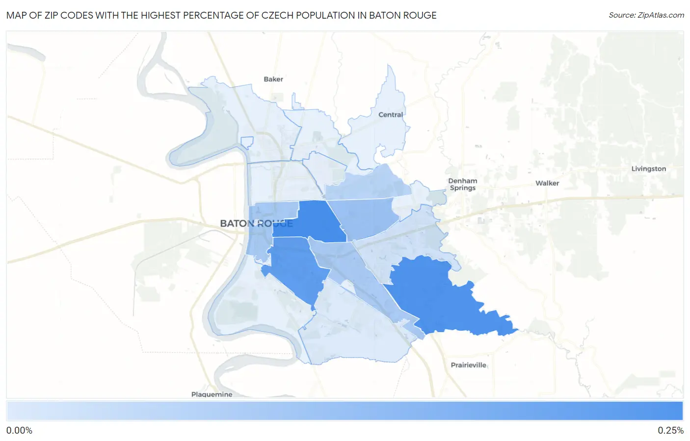 Zip Codes with the Highest Percentage of Czech Population in Baton Rouge Map