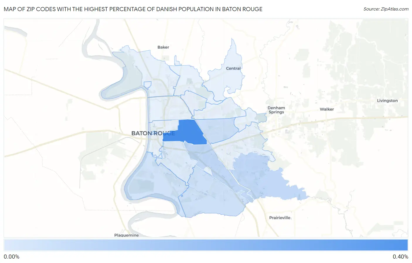 Zip Codes with the Highest Percentage of Danish Population in Baton Rouge Map