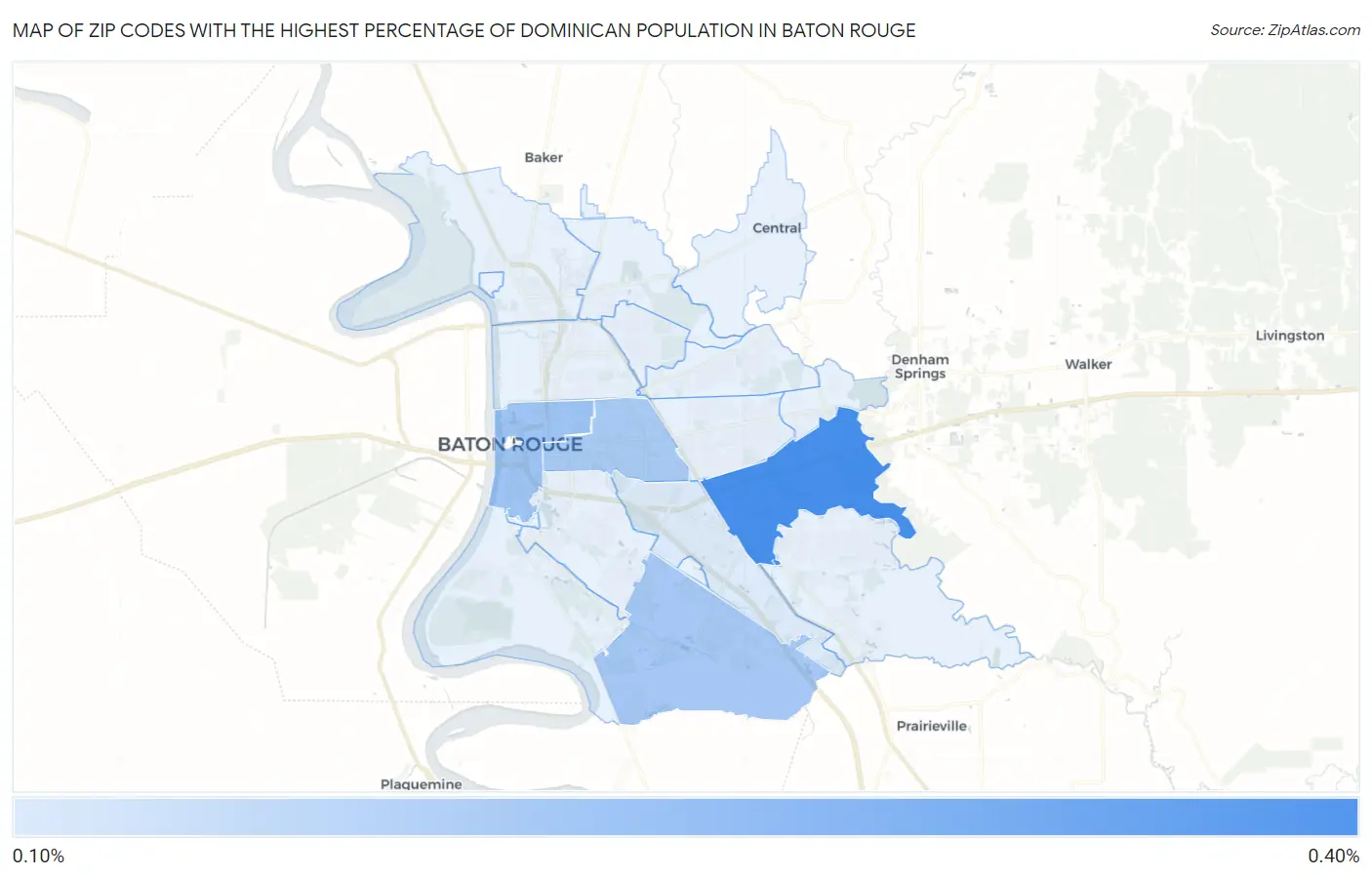 Zip Codes with the Highest Percentage of Dominican Population in Baton Rouge Map