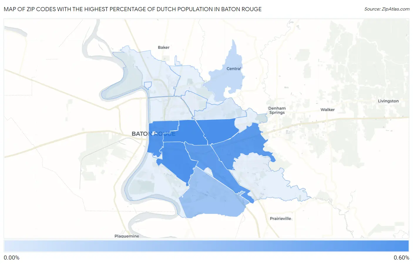 Zip Codes with the Highest Percentage of Dutch Population in Baton Rouge Map