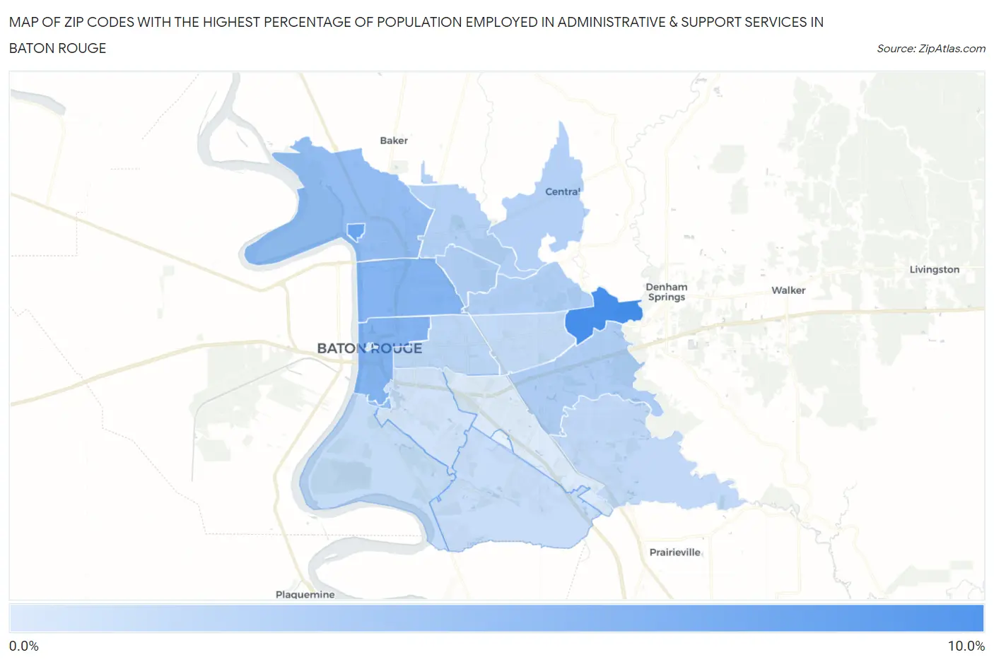 Zip Codes with the Highest Percentage of Population Employed in Administrative & Support Services in Baton Rouge Map