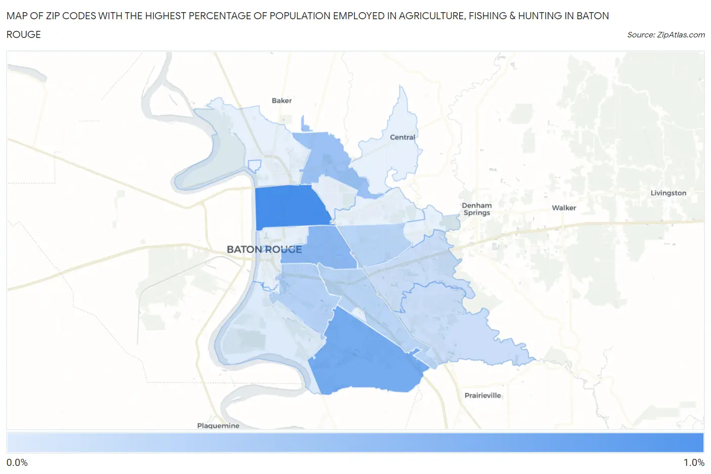 Zip Codes with the Highest Percentage of Population Employed in Agriculture, Fishing & Hunting in Baton Rouge Map