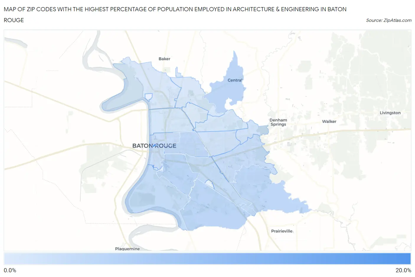 Zip Codes with the Highest Percentage of Population Employed in Architecture & Engineering in Baton Rouge Map