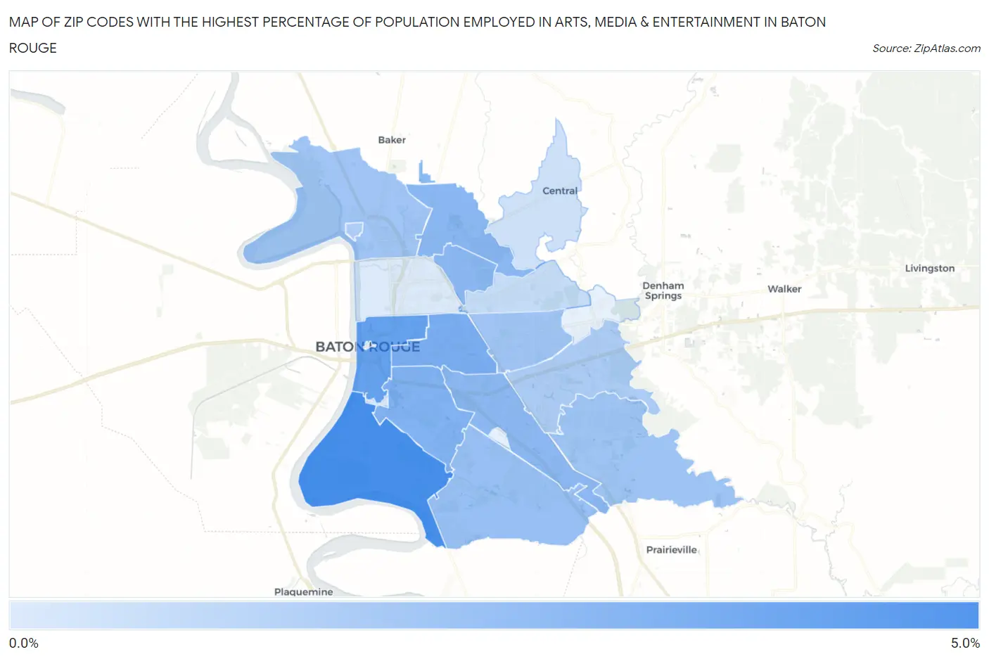 Zip Codes with the Highest Percentage of Population Employed in Arts, Media & Entertainment in Baton Rouge Map