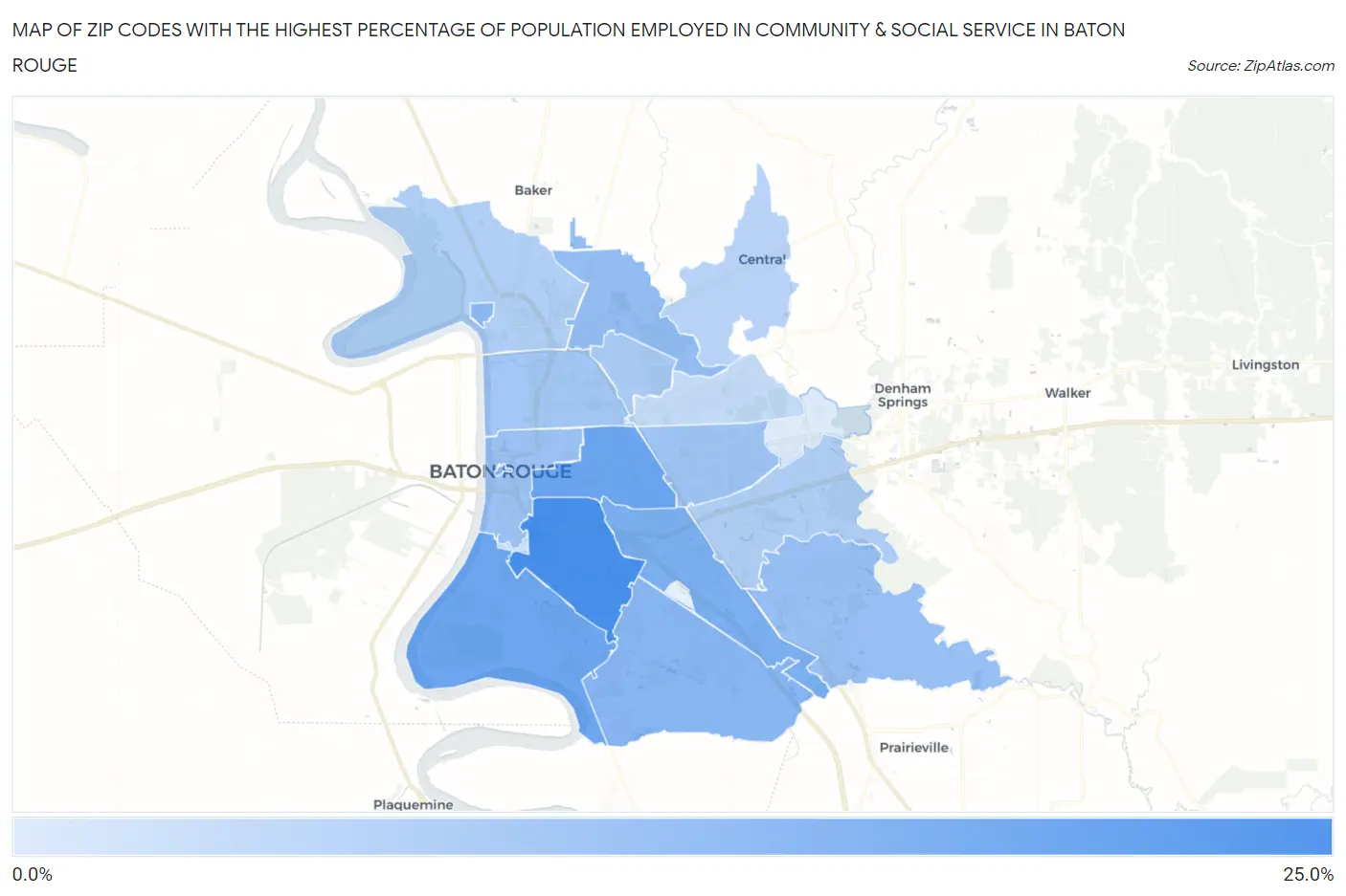 Zip Codes with the Highest Percentage of Population Employed in Community & Social Service  in Baton Rouge Map