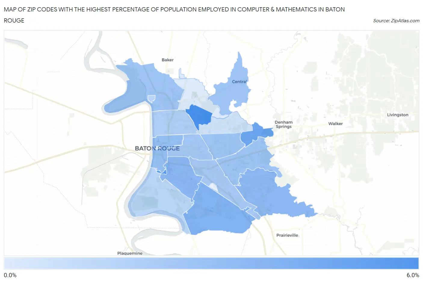 Zip Codes with the Highest Percentage of Population Employed in Computer & Mathematics in Baton Rouge Map