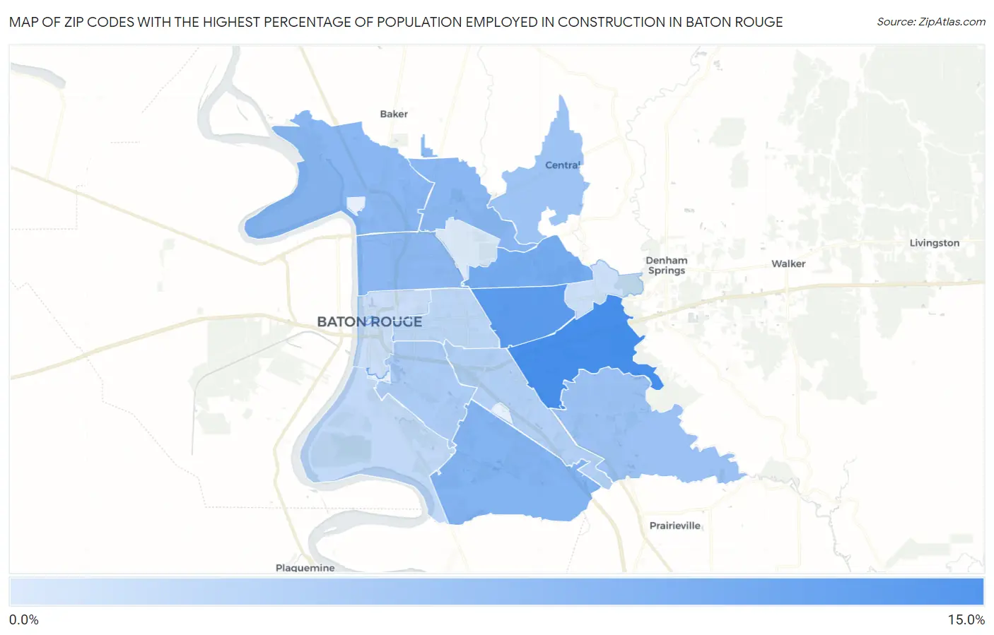Zip Codes with the Highest Percentage of Population Employed in Construction in Baton Rouge Map