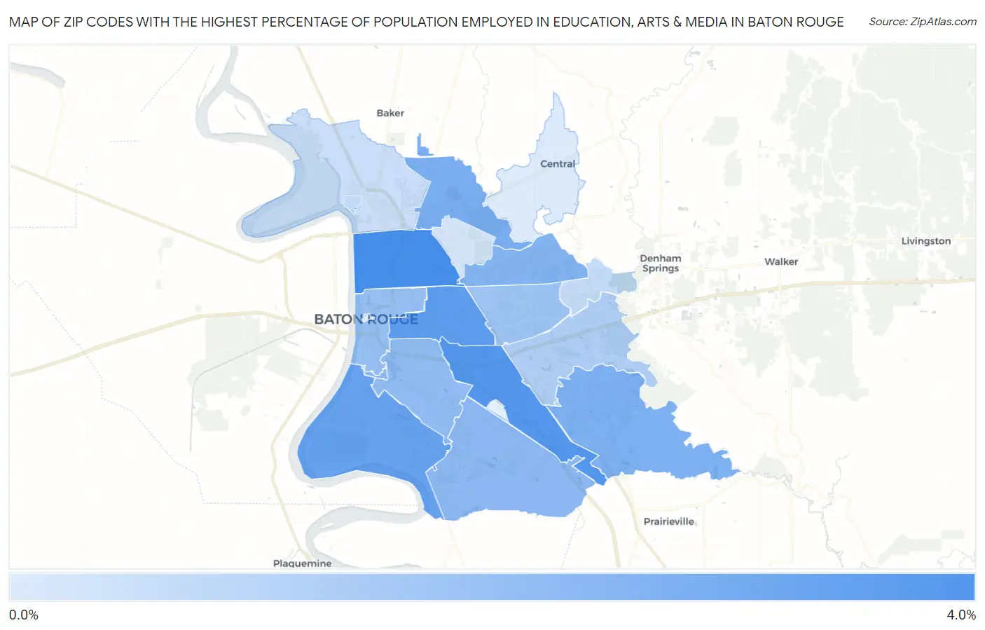 Zip Codes with the Highest Percentage of Population Employed in Education, Arts & Media in Baton Rouge Map