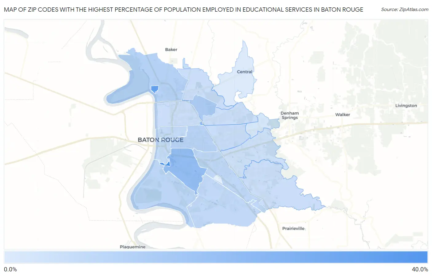 Zip Codes with the Highest Percentage of Population Employed in Educational Services in Baton Rouge Map