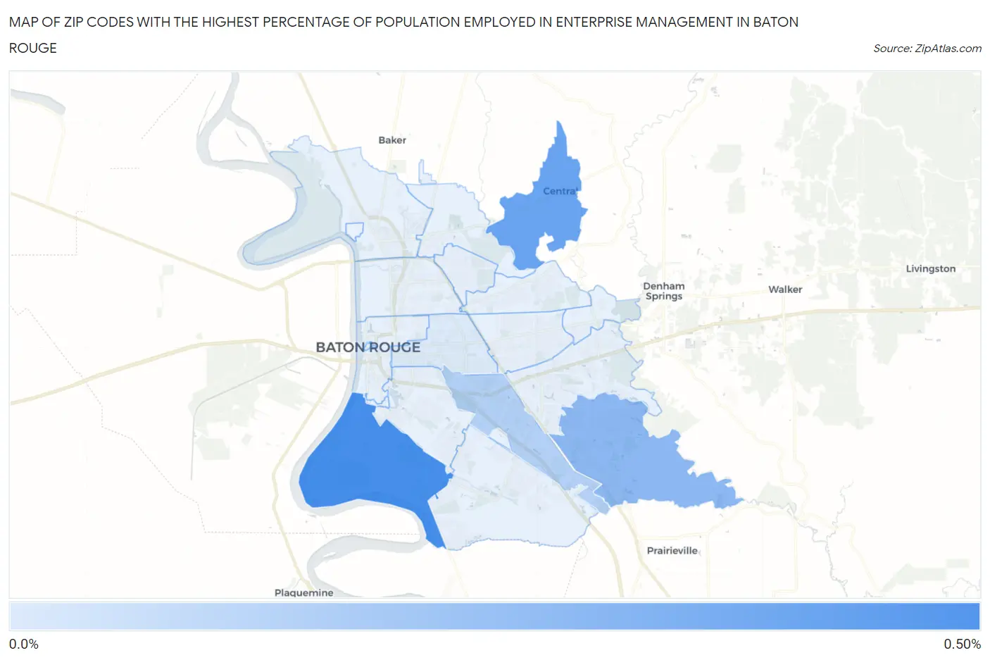 Zip Codes with the Highest Percentage of Population Employed in Enterprise Management in Baton Rouge Map
