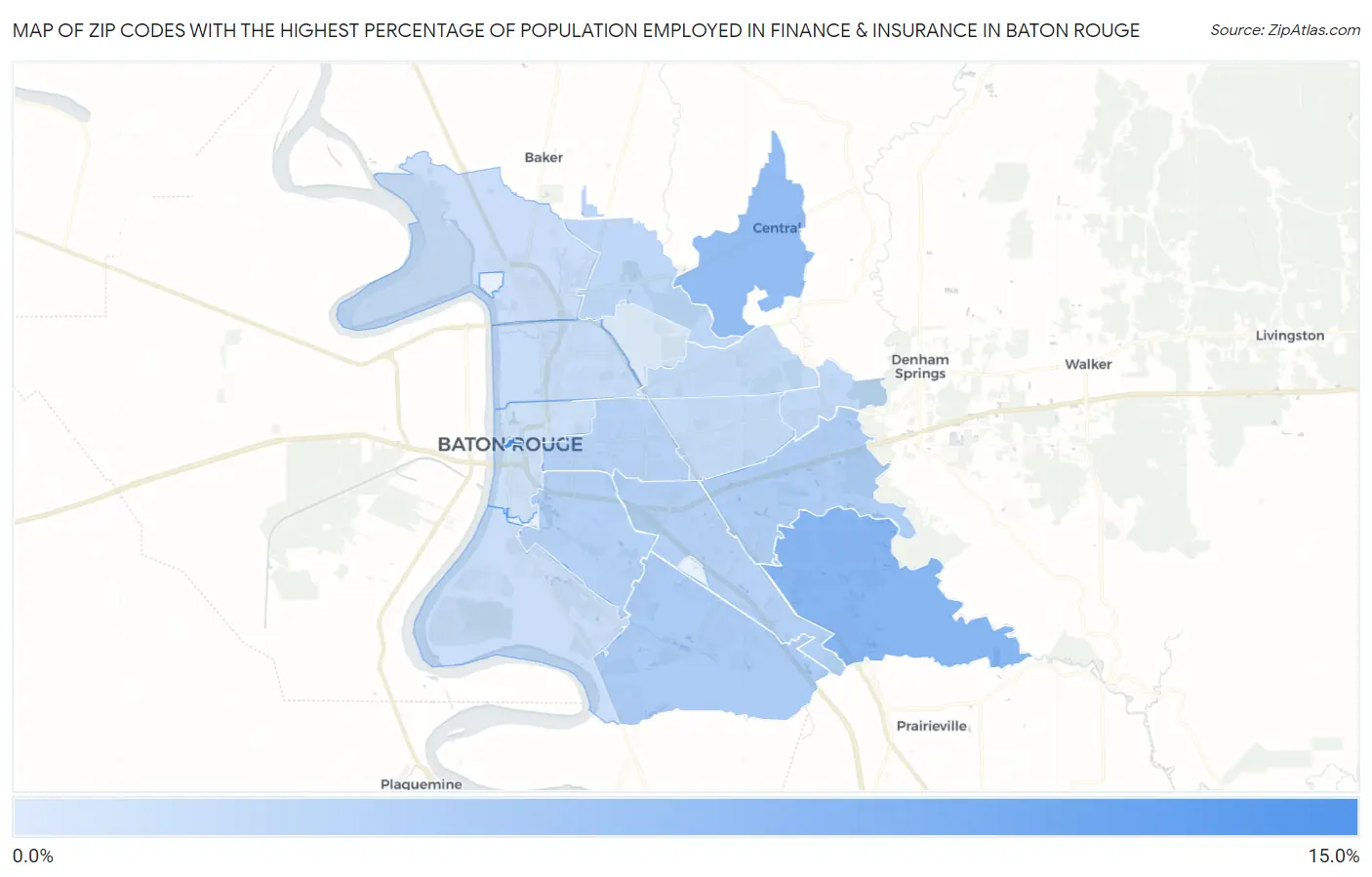 Zip Codes with the Highest Percentage of Population Employed in Finance & Insurance in Baton Rouge Map