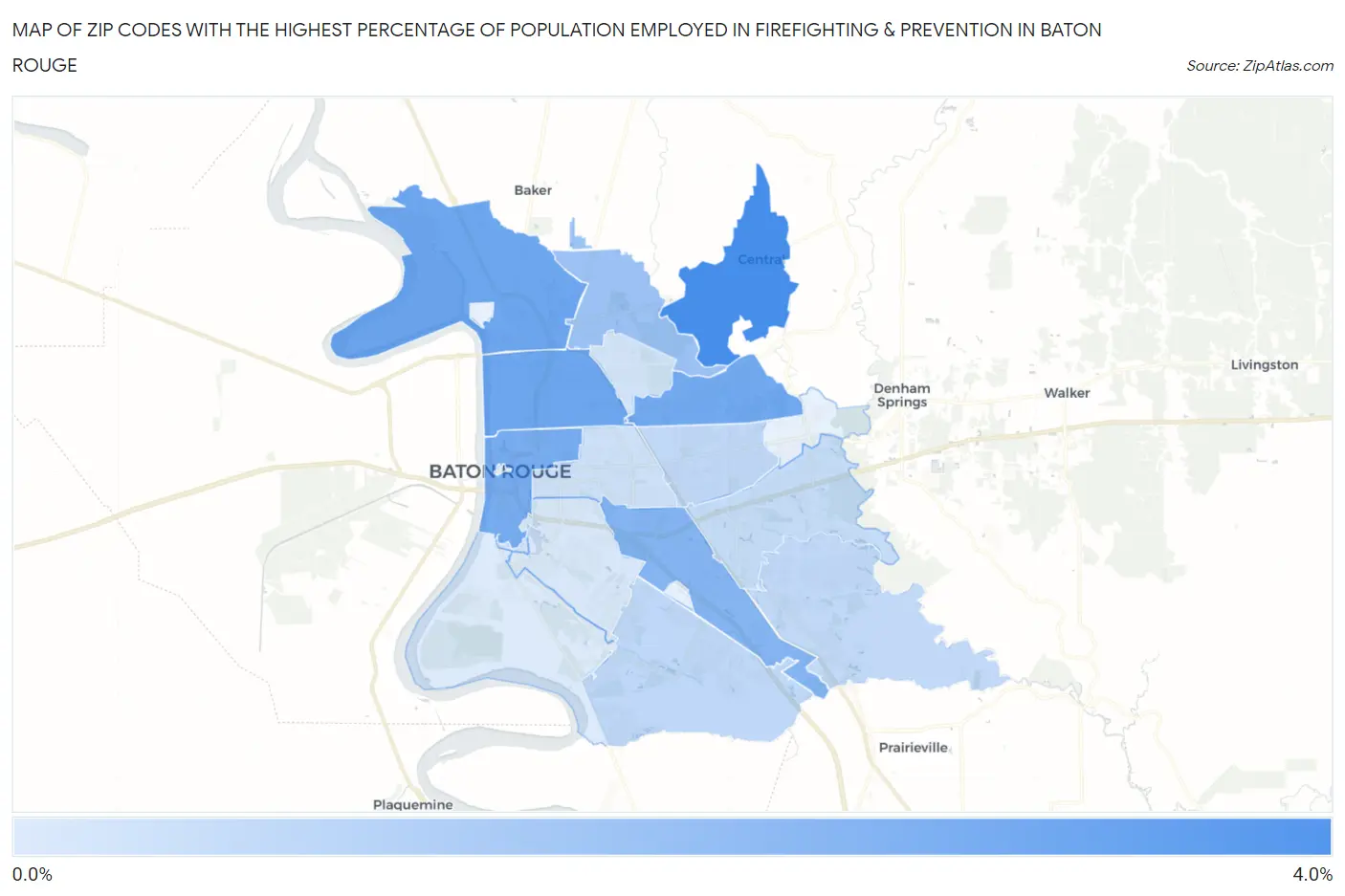 Zip Codes with the Highest Percentage of Population Employed in Firefighting & Prevention in Baton Rouge Map