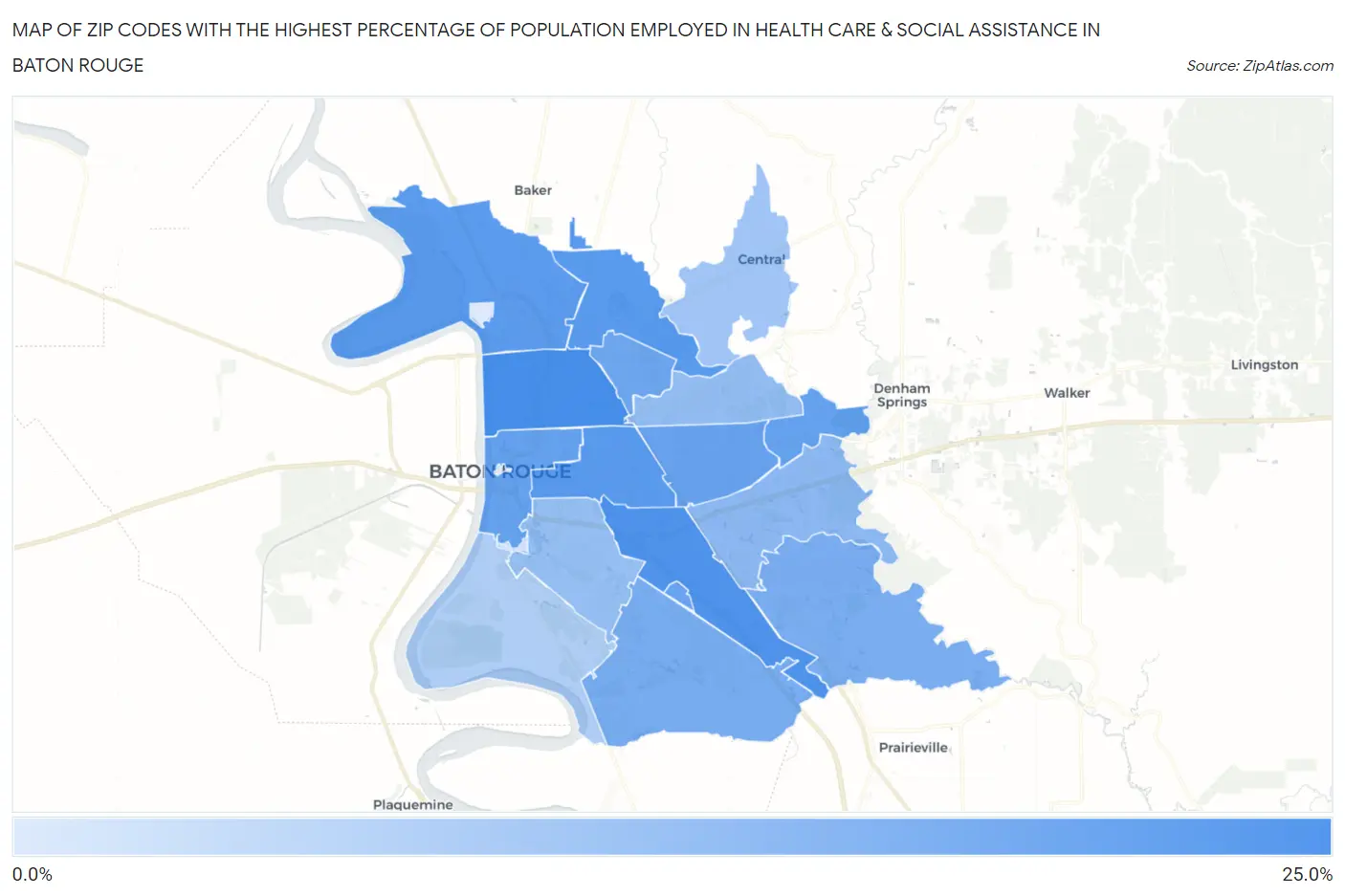 Zip Codes with the Highest Percentage of Population Employed in Health Care & Social Assistance in Baton Rouge Map