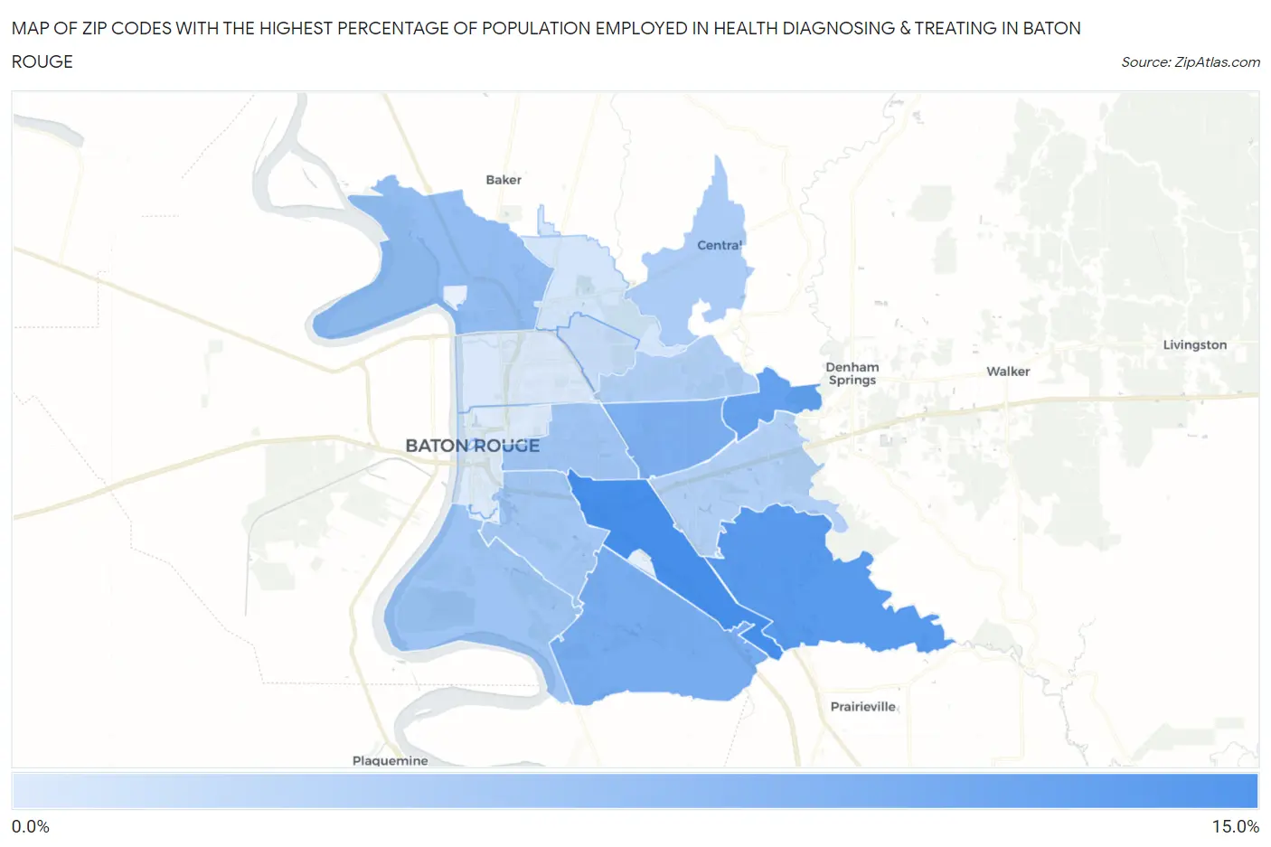 Zip Codes with the Highest Percentage of Population Employed in Health Diagnosing & Treating in Baton Rouge Map