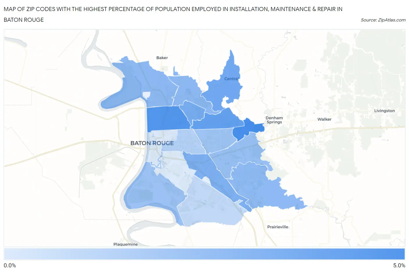 Zip Codes with the Highest Percentage of Population Employed in Installation, Maintenance & Repair in Baton Rouge Map