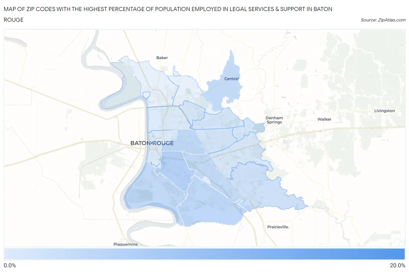 Zip Codes with the Highest Percentage of Population Employed in Legal Services & Support in Baton Rouge Map