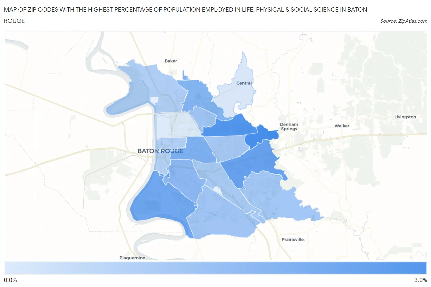 Zip Codes with the Highest Percentage of Population Employed in Life, Physical & Social Science in Baton Rouge Map
