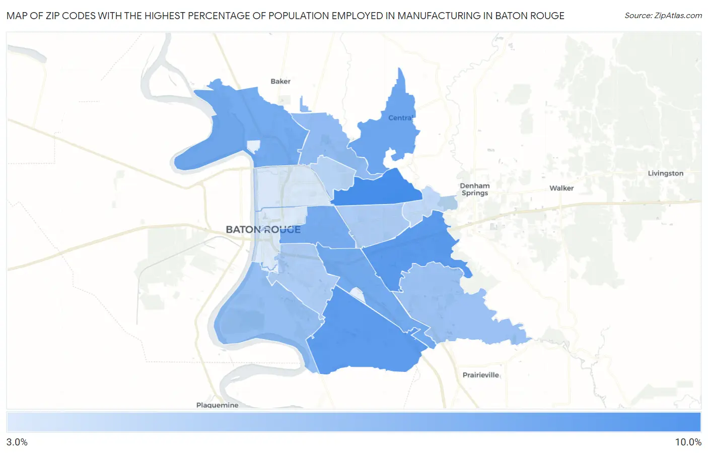 Zip Codes with the Highest Percentage of Population Employed in Manufacturing in Baton Rouge Map
