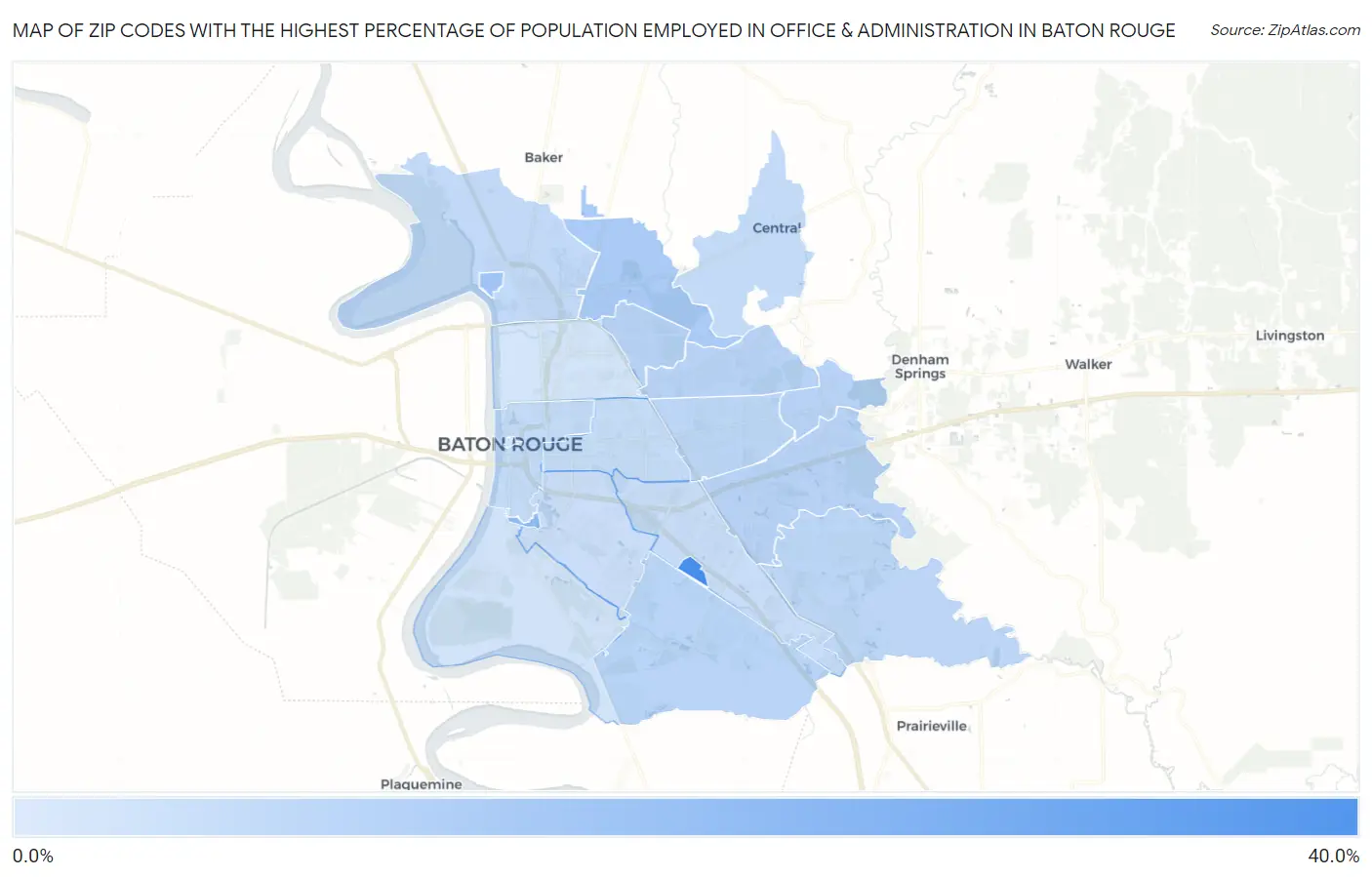 Zip Codes with the Highest Percentage of Population Employed in Office & Administration in Baton Rouge Map