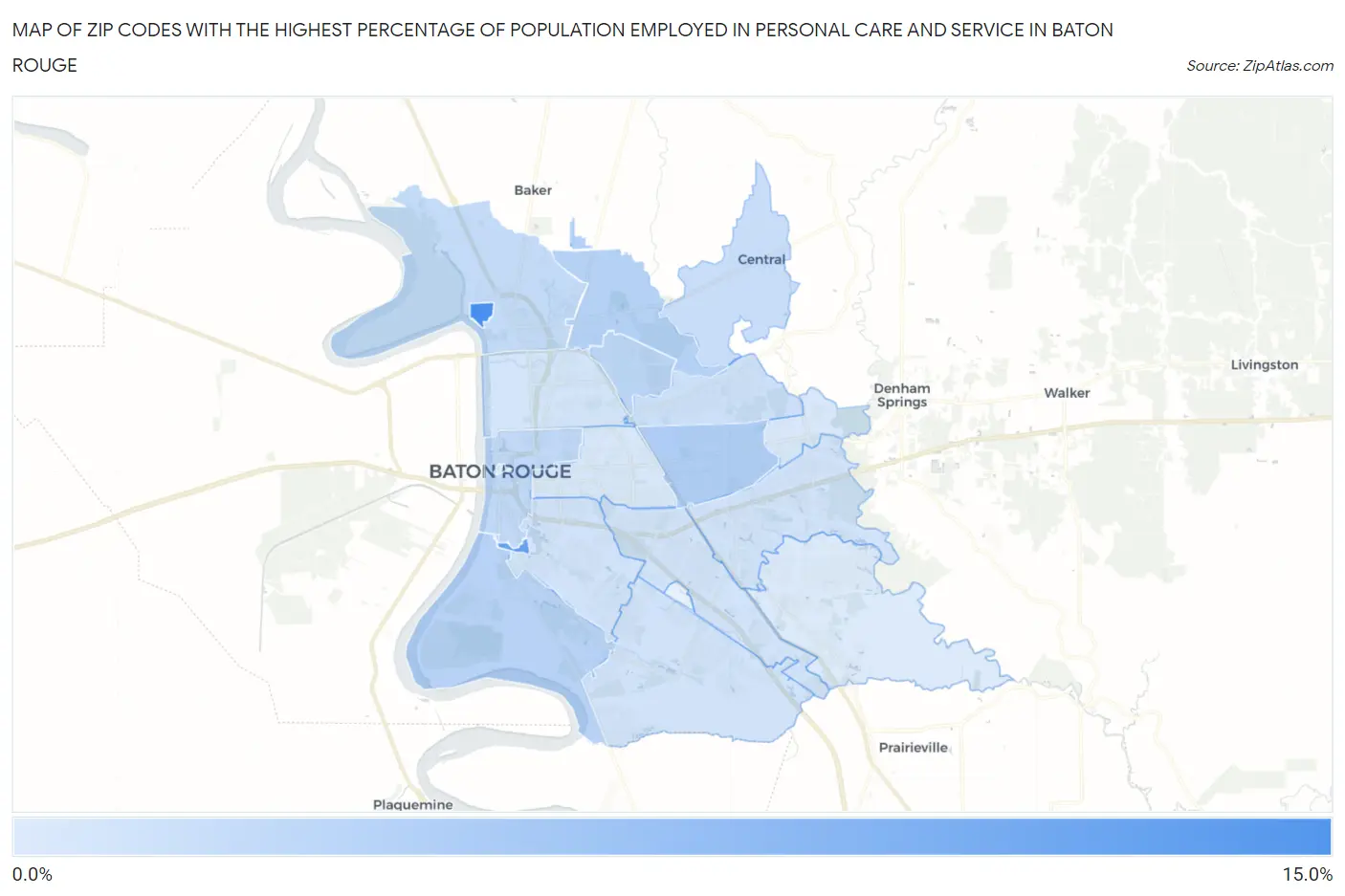 Zip Codes with the Highest Percentage of Population Employed in Personal Care and Service in Baton Rouge Map