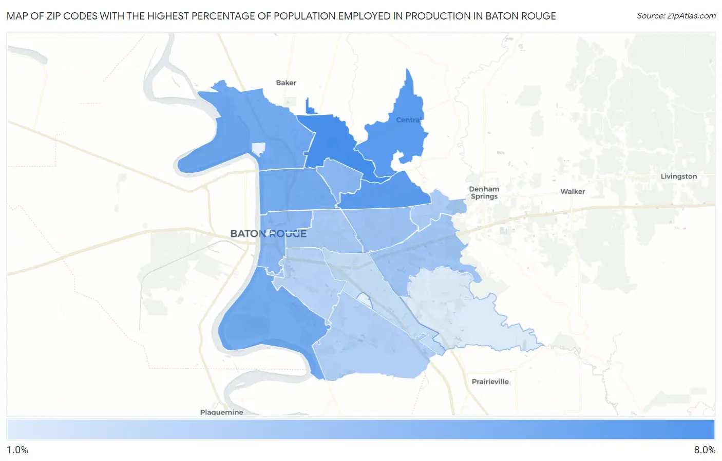 Zip Codes with the Highest Percentage of Population Employed in Production in Baton Rouge Map