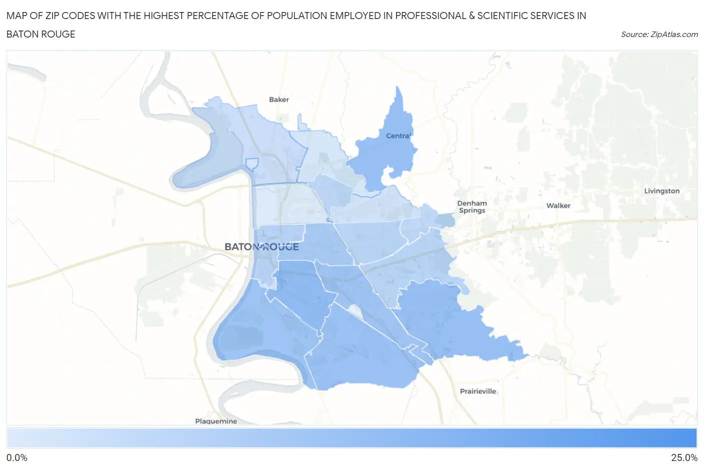 Zip Codes with the Highest Percentage of Population Employed in Professional & Scientific Services in Baton Rouge Map