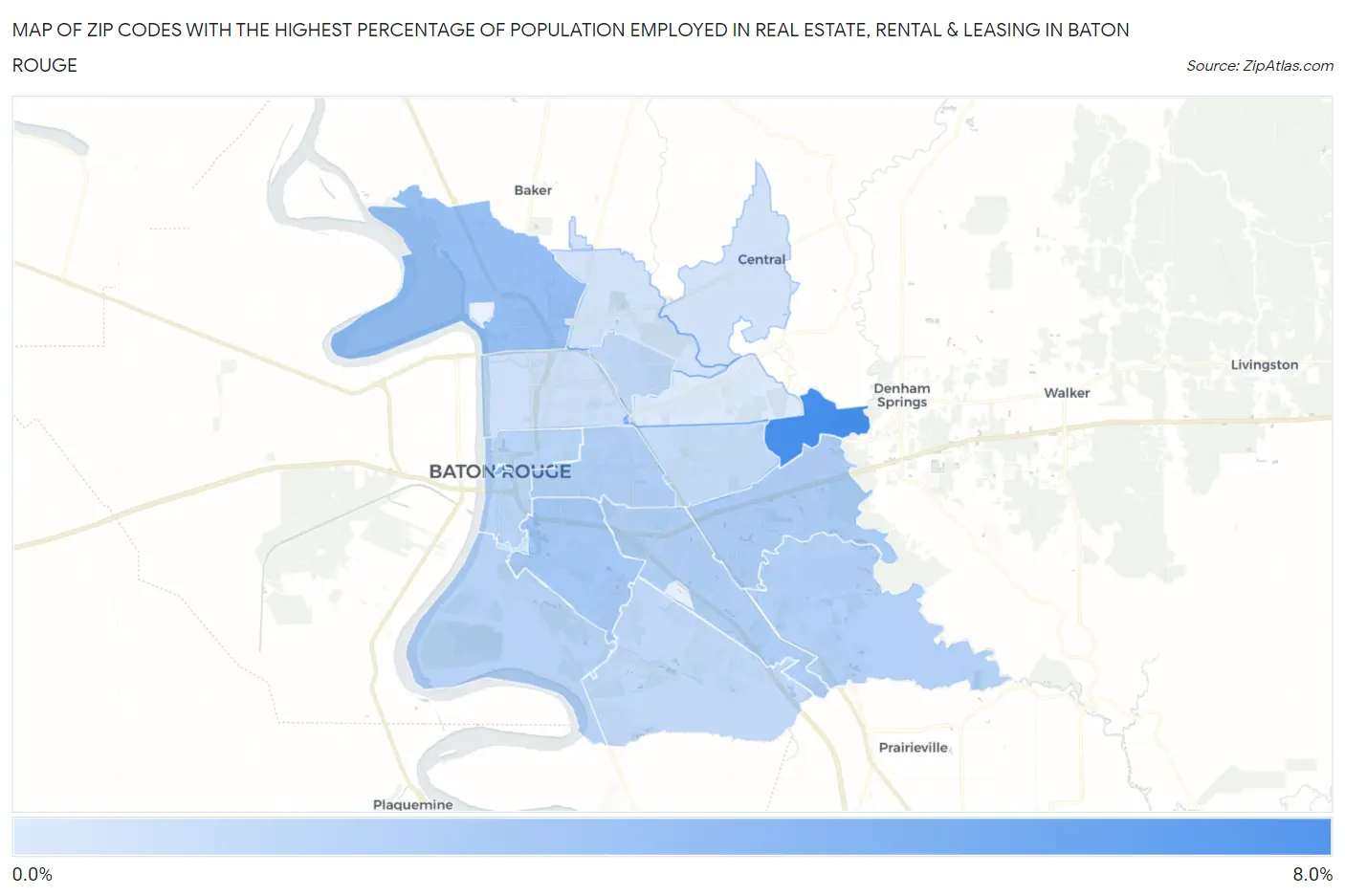Zip Codes with the Highest Percentage of Population Employed in Real Estate, Rental & Leasing in Baton Rouge Map