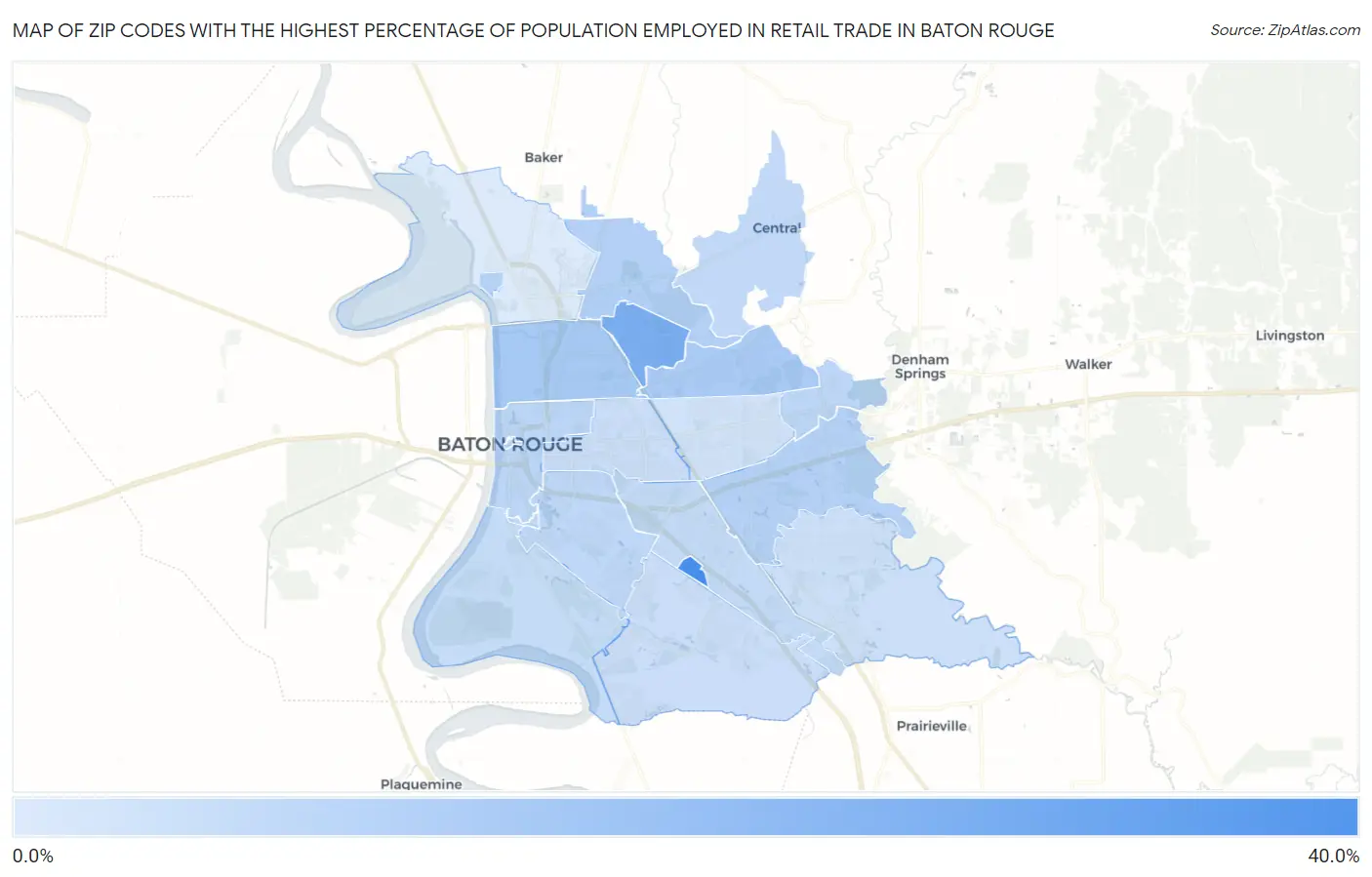 Zip Codes with the Highest Percentage of Population Employed in Retail Trade in Baton Rouge Map