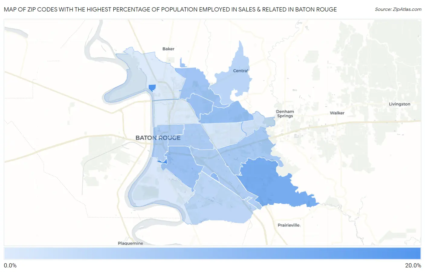Zip Codes with the Highest Percentage of Population Employed in Sales & Related in Baton Rouge Map